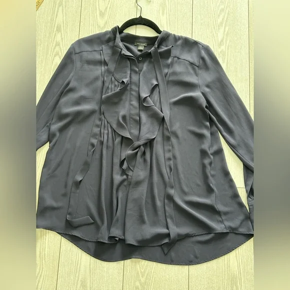 Ann Taylor Navy Ruffle Tie-Neck Blouse - Picture 2 of 7